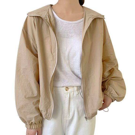 Generic Women's Lightweight Hooded Jacket Full Zip Long Sleeve Oversized Casual Windbreaker with Pockets Spring Fall Khaki