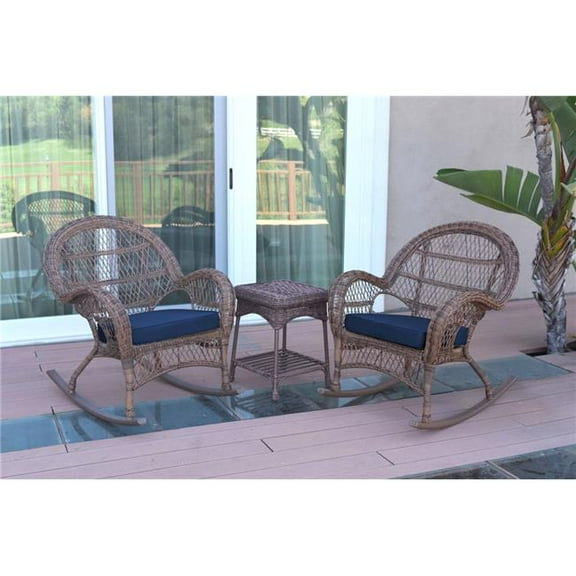 W00210-2-RCES011 3 Piece Santa Maria Honey Rocker Wicker Chair Set, Blue Cushion