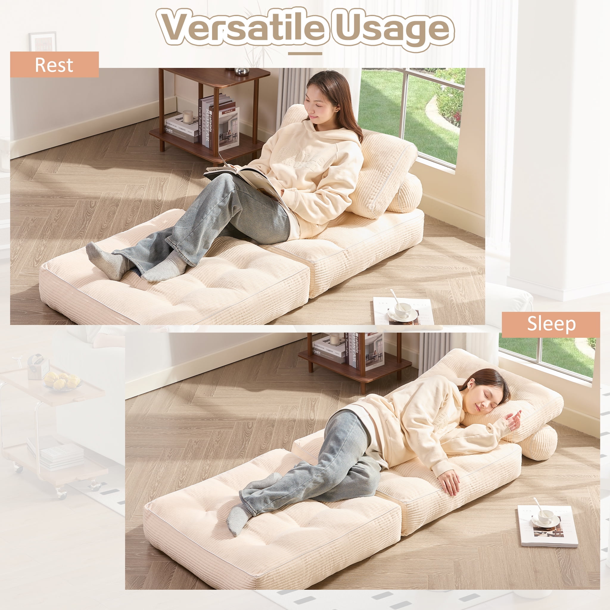 LAKPS Convertible Floor Sofa Bed, Corduroy Modular Lounge Chair with Backrest & Pillow, Folding Tatami Sofa Sleeper for Living Room, Bedroom, Dorm, White