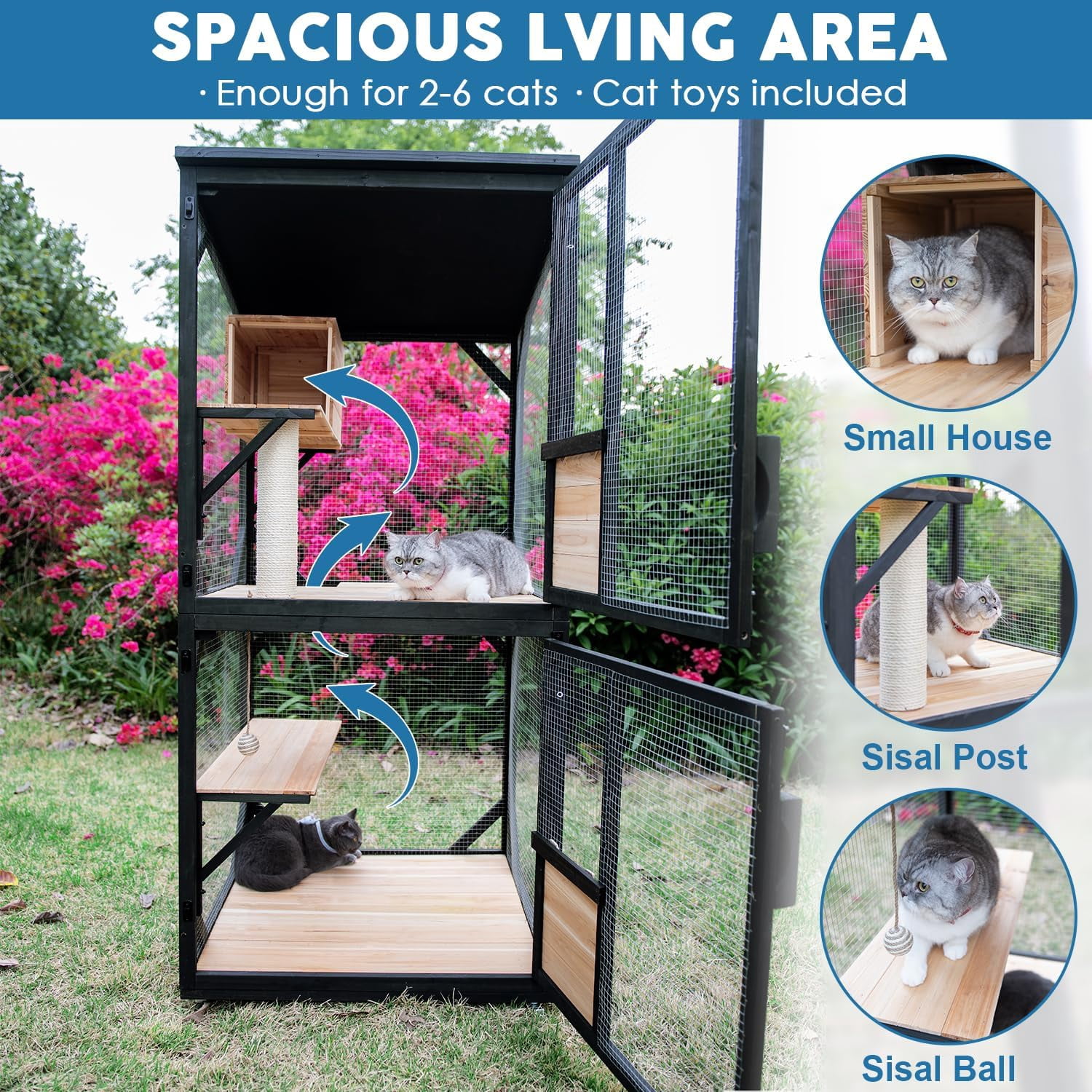Catio Outdoor Cat Enclosure Large Outdoor Cat House Patio with Removable Floor Scratching Post Sisal Ball 4 Wheels