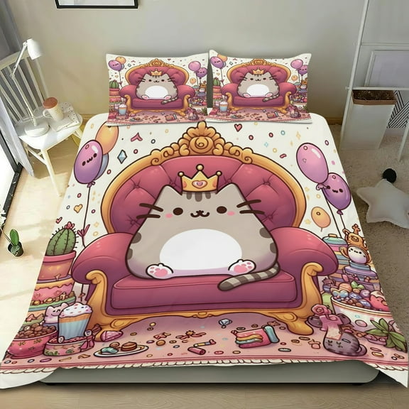 Pusheen Cat Themed Bed Sheet Set Three Piece Set 53x79 Inches Comfortable And Skin Friendly Unique Design Creating A Star Studded Night