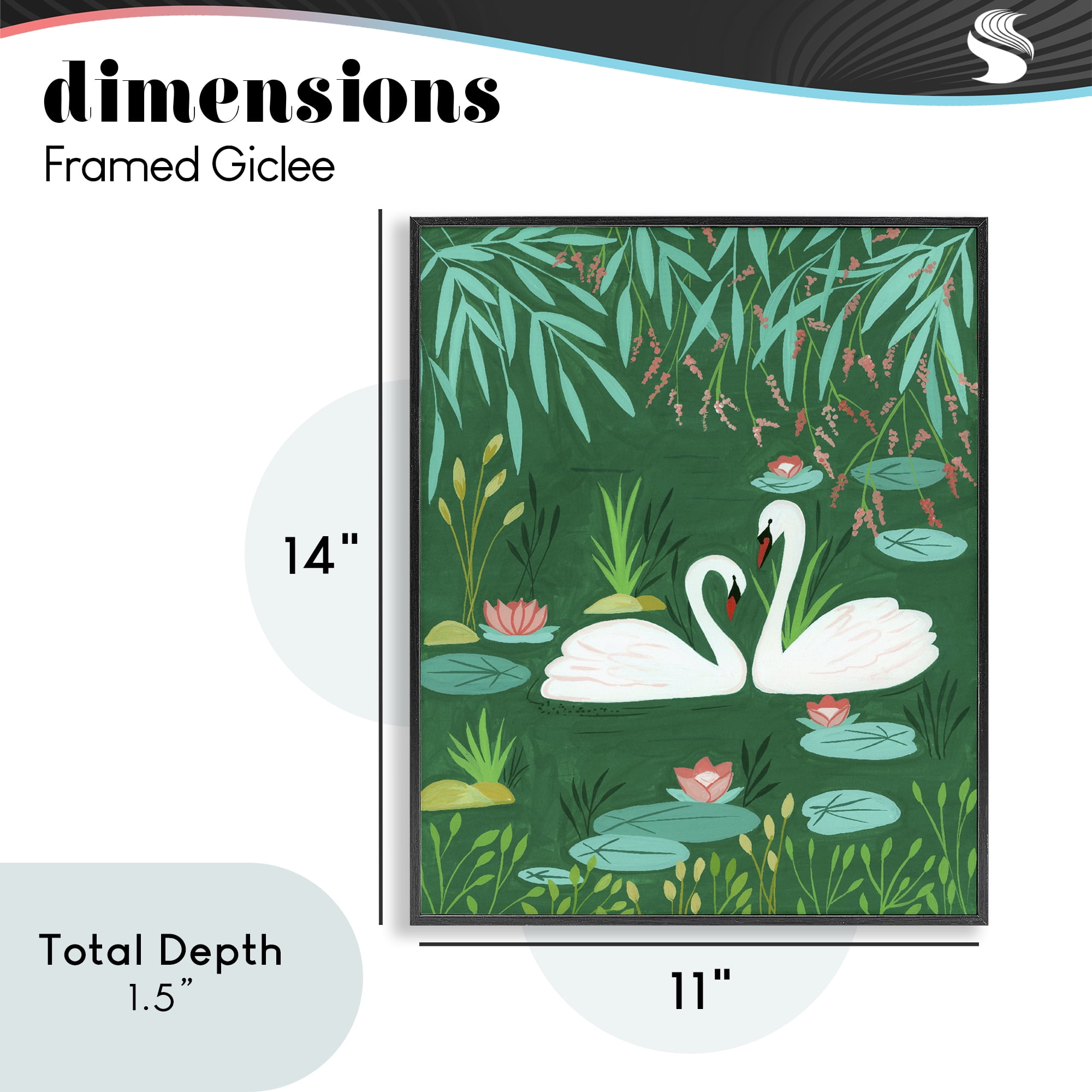 Swan Pair on Green Pond Black Framed Giclee Art, design by Nabeela Rumi