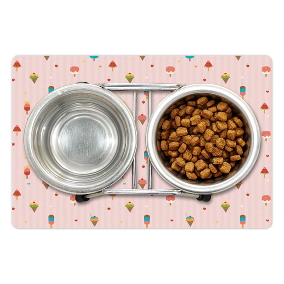 Ice Cream Pet Mat for Food and Water, Pastel Pink Striped Backdrop with Hearts Different Toppings on Sticks and Cones, Non-Slip Rubber Mat for Dogs and Cats, 18" X 12", by Ambesonne