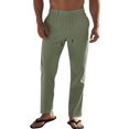 thumbnail image 2 of Men's Simple Casual Elastic Waist Drawstring Straight Leg Linen Pants Green S, 2 of 10