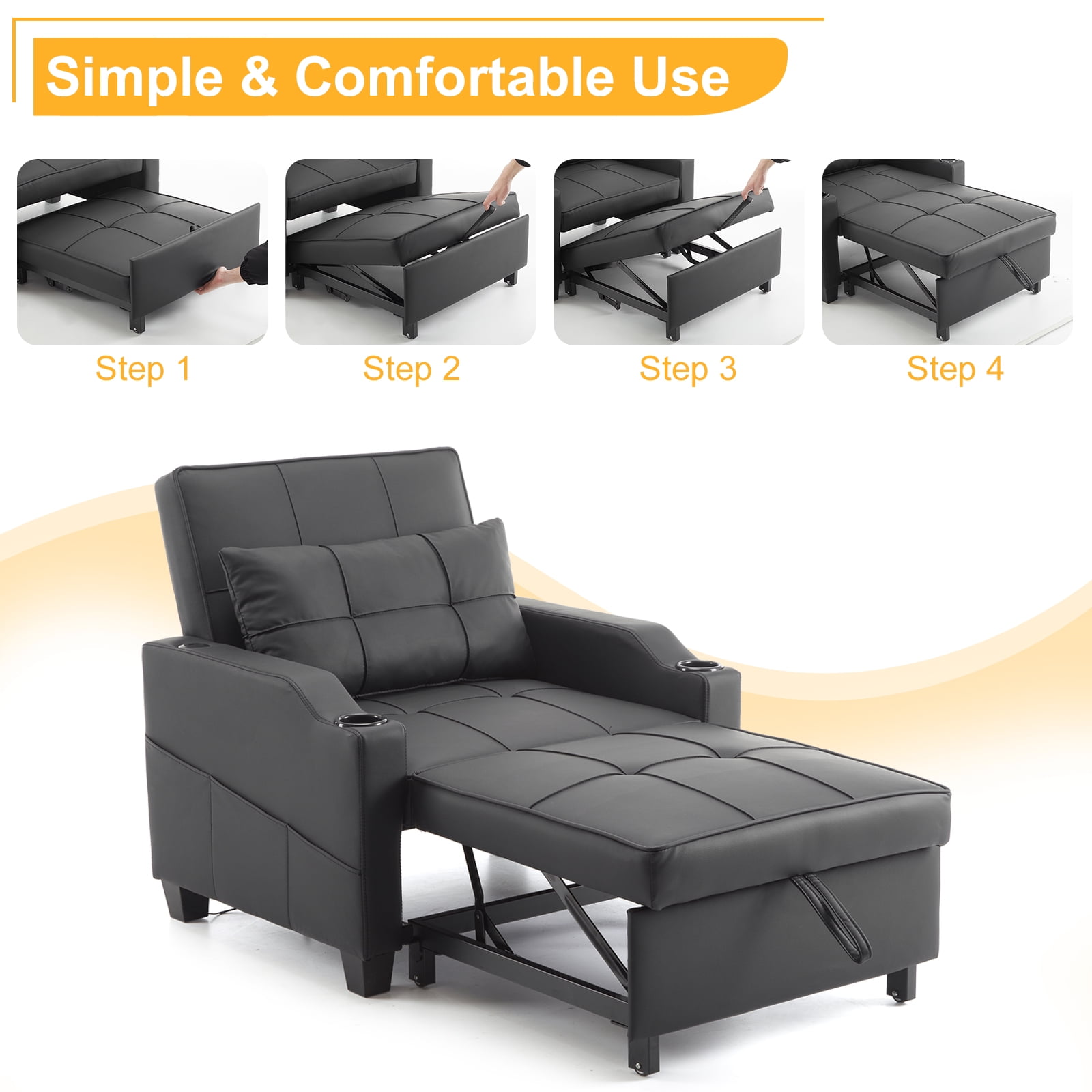Ktaxon Sleeper Sofa Bed Convertible Chair Tech Fabric 3-in-1 Futon Sofa with Lumbar Pillow for Living Room Bedroom Office Apartment Furniture Black