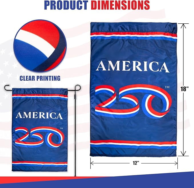 USA 250th Anniversary Garden Banner 12" x 18" Flag | USA-Made Nyl-Glo Nylon Outdoor Flag | Durable Canvas Header and Brass Grommets | UV Resistant Colors | Special Edition 250 Celebration Flag