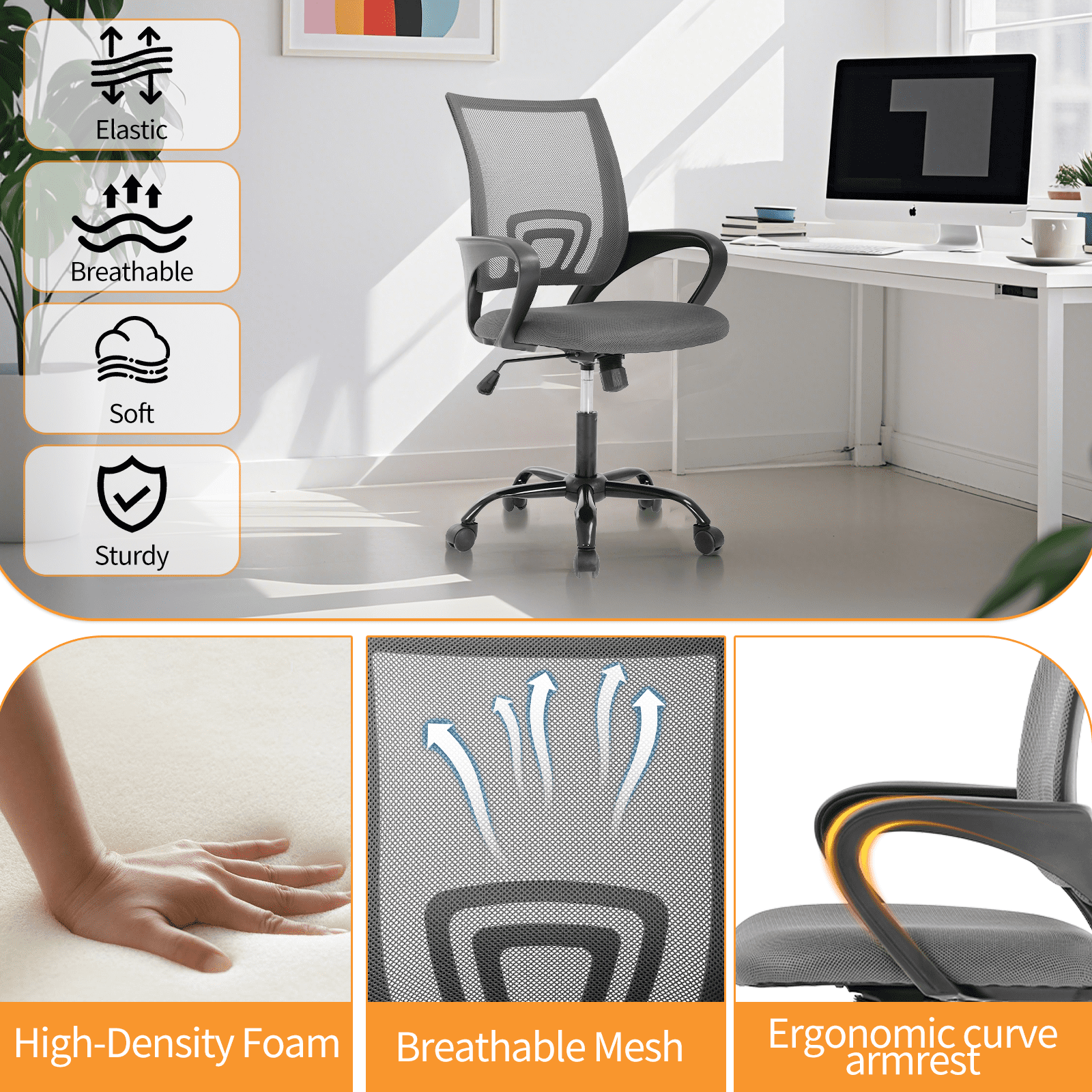Mid Back Computer Chair Mesh Office Chair Height Adjustable Task Rolling Swivel Chair Comfortable Seat & Back Support Ergonomic Desk Chair with Armrest & 360 Degree Casters,Grey