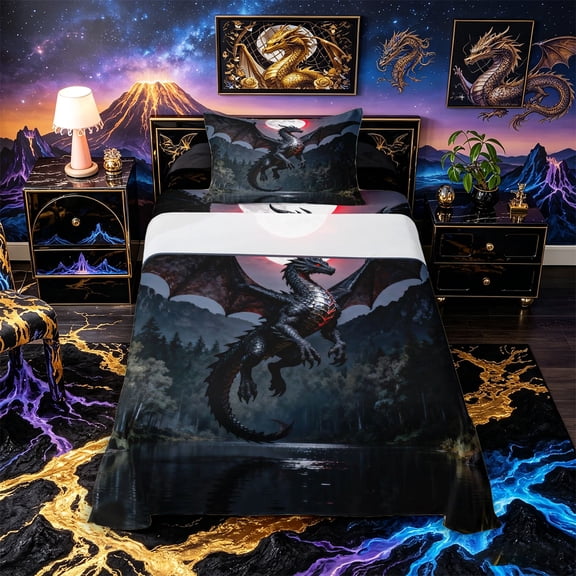 Metsweet Dark Dragon Twin Sheets 3pcs, Gothic Animal Bedding, Black Red Gray,1 Fitted Sheet, 1 Flat Sheet and 1 Pillowcase