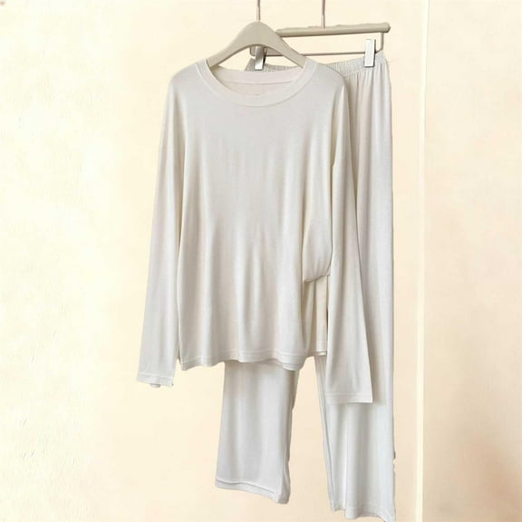 BXJX Pajamas for Women Set- Crewneck Long Sleeve and Pants Loungewear Casual Loose Fit Sleepwear Women's Soft Loungewear Beige Size L