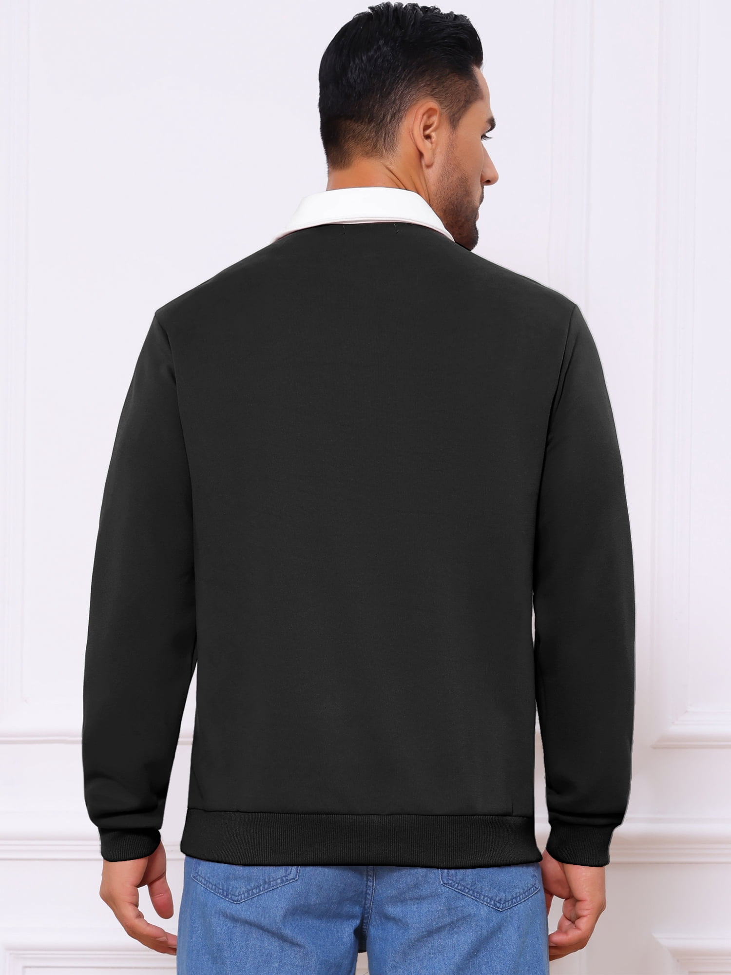 DARING DIVA Men's Contrast Collared Long Sleeves Pullover Polo Sweatshirt S Black