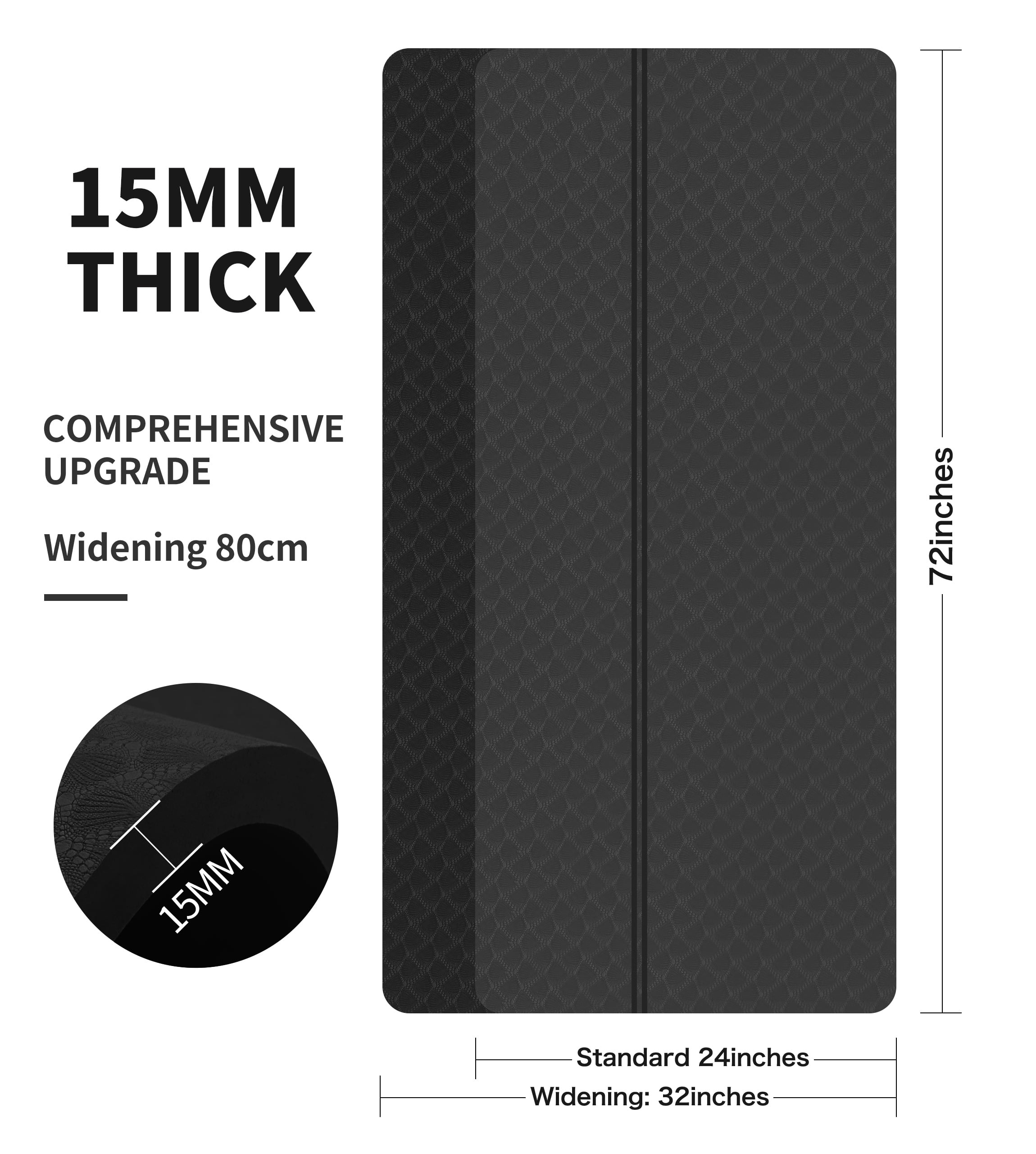 Extra Thickened 15mm Exercise Mat (72" x 32") for Men & Women Non Slip with High Density Large Shock Absorber Pad for Home Gym Travel & Floor Outside Fitness in Black