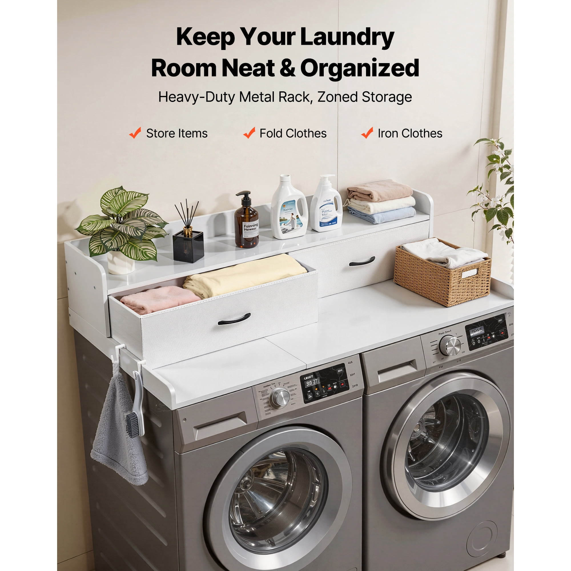 KFFKFF Washer Dryer Countertop with Shelf, 54 x 27.5 in Wooden Laundry Topper with 2 Drawers & 2 Hooks, Laundry Machine Organizer for Closet and Pantry Storage, White