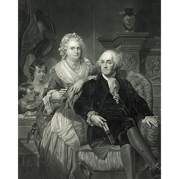 George Washington And Family At Home Engraving - 12x18 Inch Laminated Poster - Stunning Detail and Bold Colors