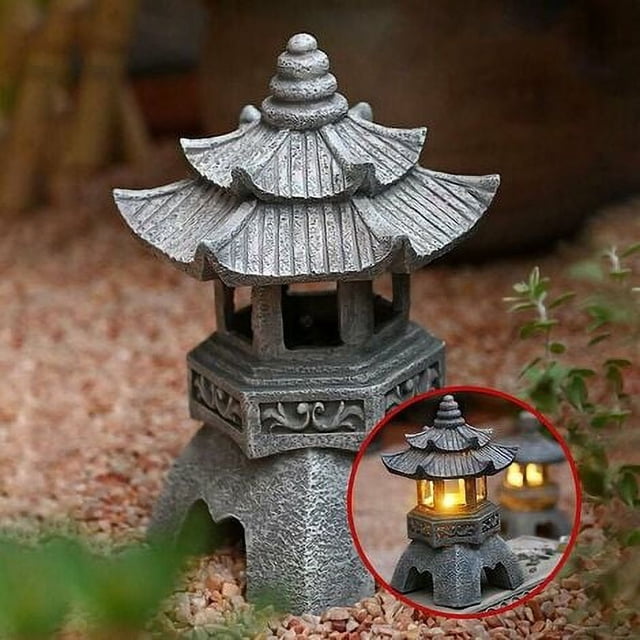 Estatuas de linterna de pagoda con energía solar, adornos de jardín de luz de pagoda de estilo japonés, pagoda vintage iluminada independiente decorativa para césped