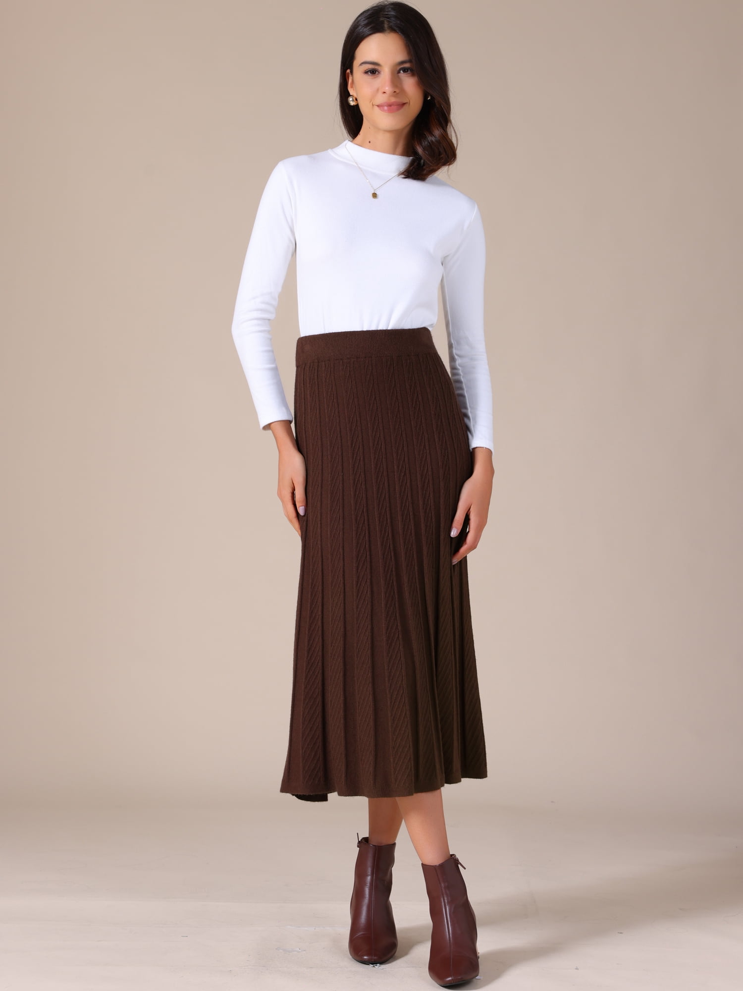 DARING DIVA Women's Sweater Pleated A Line Knit Midi Skirt Small Brown