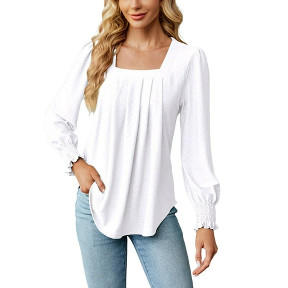 Women Summer Tops Women's Tunic Tops Long Puff Sleeve Crew Neck Shirts Pleated Solid Tee Blouse Long Sleeve Sweater Bodysuit Comfy Tunics for Women Shirt Button Short Button up Shirts for White M