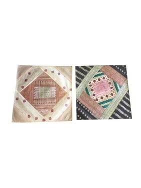 Mogul Ethnic Silk Sari Cushion Cover Vintage Patchwork Square Pillow Cases 16" x 16"