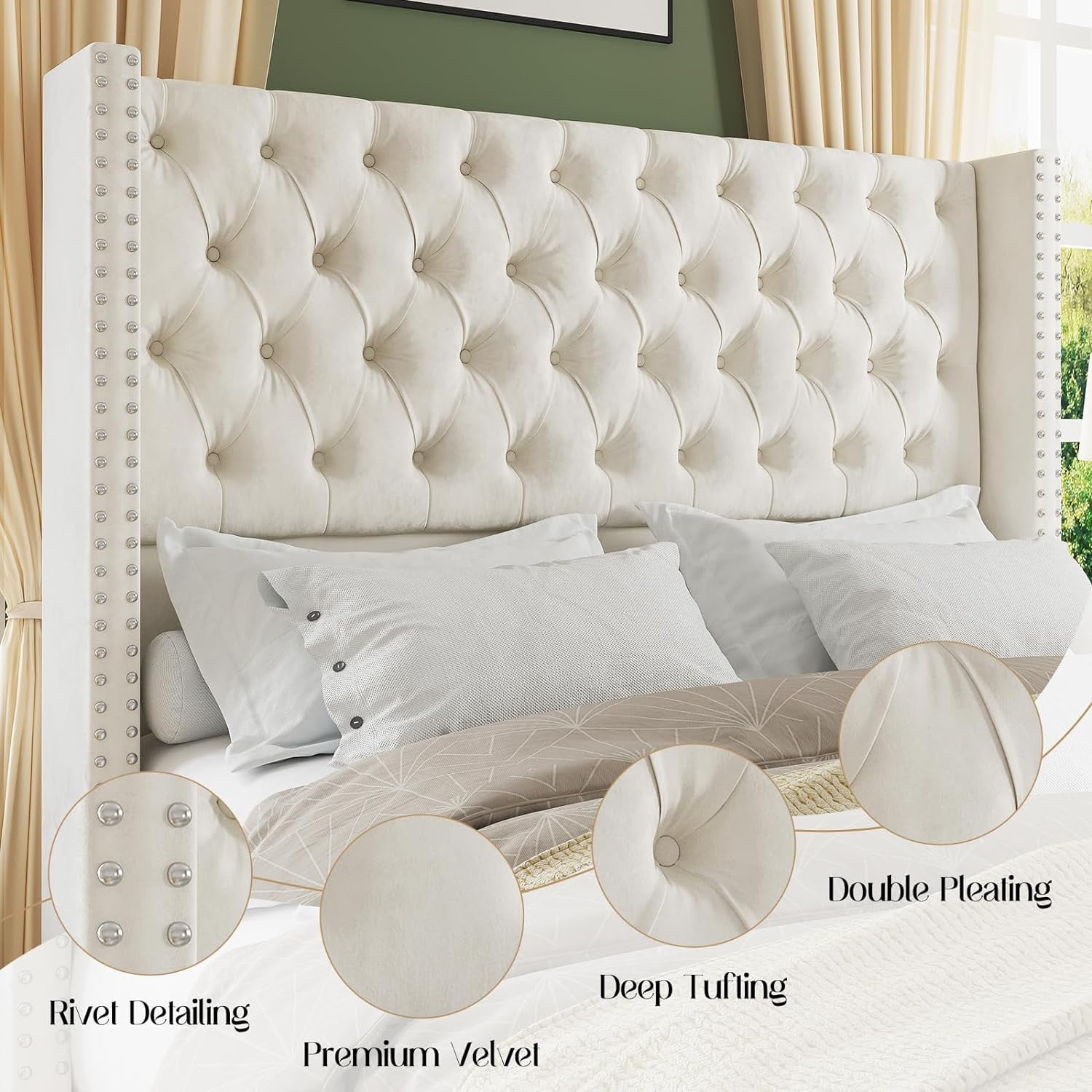 Merluxy King Bed Frame with Deep Button Tufted and Velvet Wingback Headboard,No Box Spring Needed,Cream