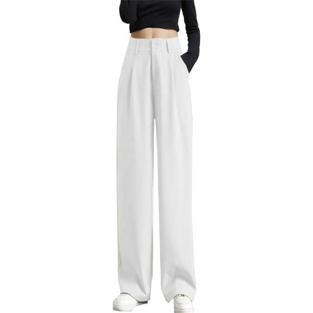 Pantalones de mujer de cintura alta y pierna ancha - Pantalones de trabajo elásticos por detrás para el verano