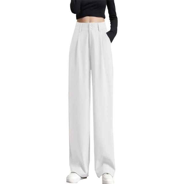 Pantalones de mujer de cintura alta y pierna ancha - Pantalones de trabajo elásticos por detrás para el verano