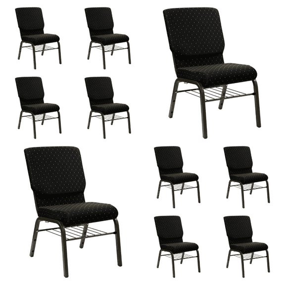 (10 PACK) 18.5'' Wide Black Dot Patterned Fabric Church Chair with Book Rack and Gold Vein Frame - Multipurpose Stackable Office Side Chair