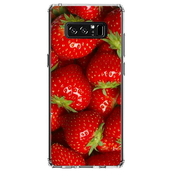DistinctInk Clear Shockproof Hybrid Case for Samsung Galaxy Note 8 - TPU Bumper, Acrylic Back, Tempered Glass Screen Protector - Bright Red Strawberries