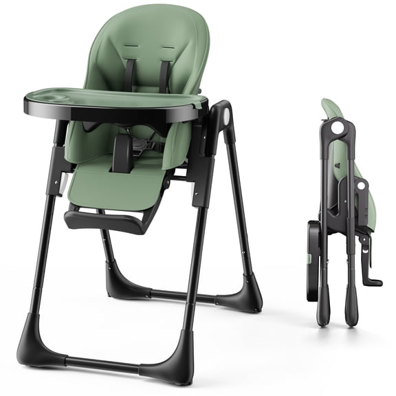 AILEEKISS Foldable High Chair for Baby, Toddler Eating Chair with Detachable Double Trays, Green