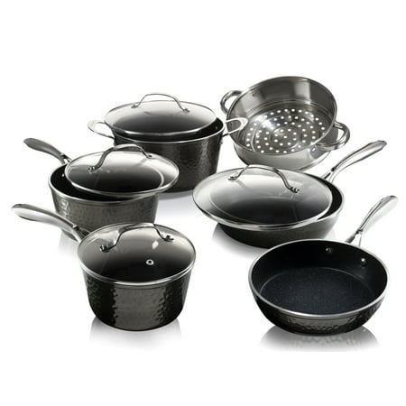 Granite Stone Hammered Titanium Non-Stick Diamond Infused 10 Piece Cookware Set with Glass