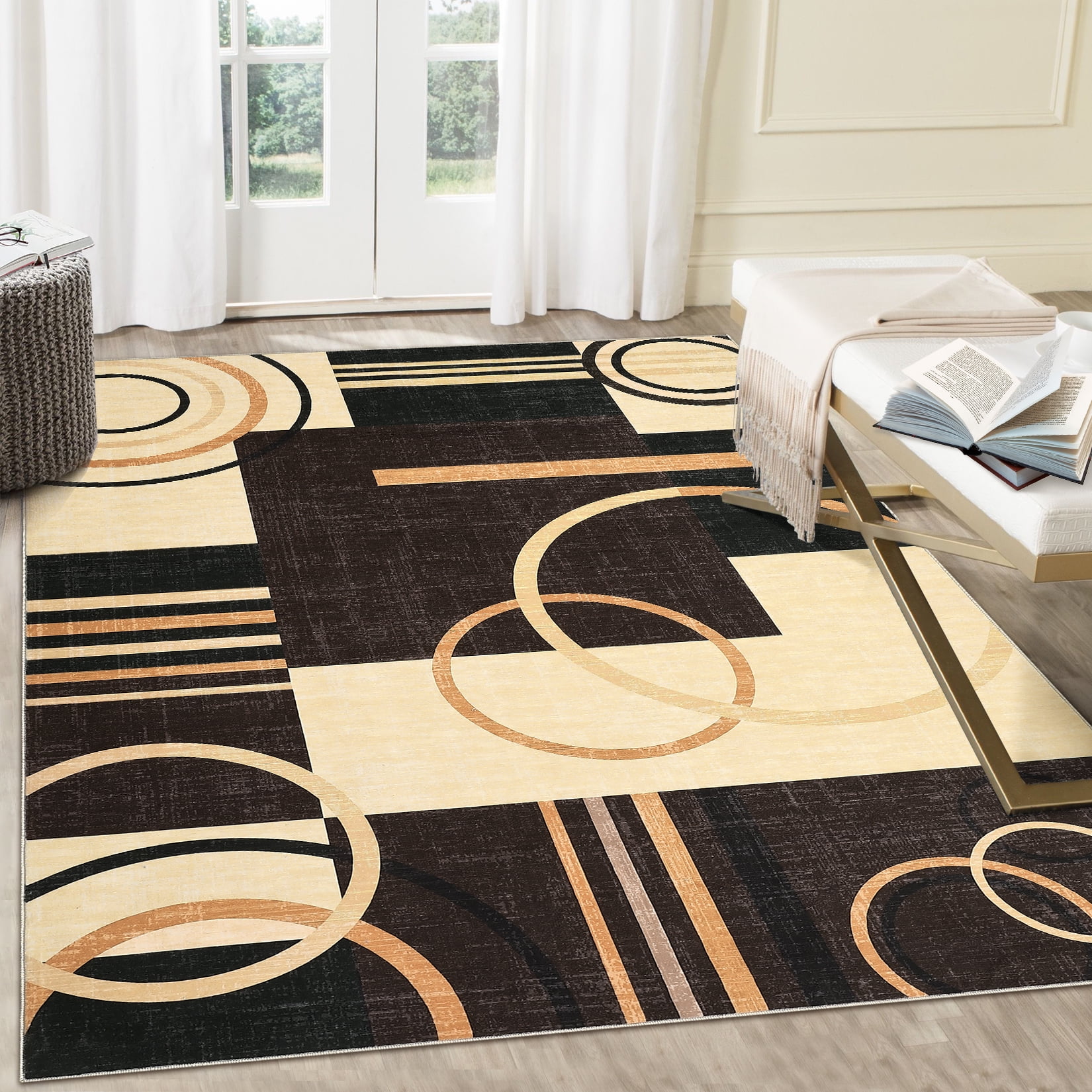FairOnly 8'x10' Brown Area Rugs for Living Room Geometric Circle Print Washable Soft Rugs Geometric Non Shedding Indoor Floor Carpet