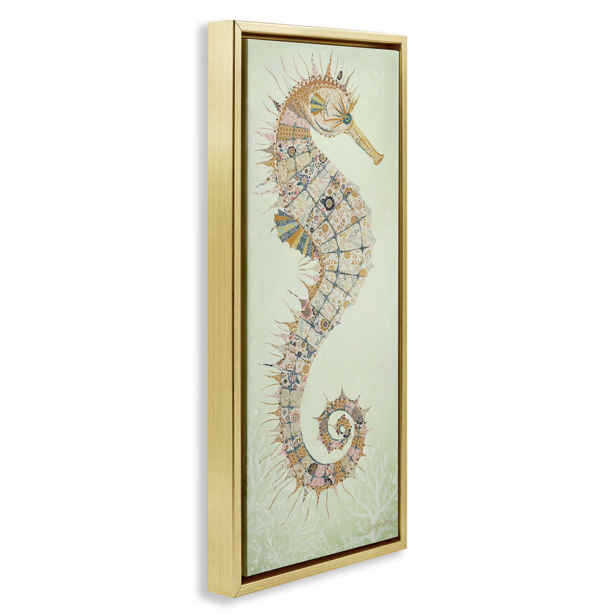 Stupell Industries Patterned Spikey Seahorse Animals & Insects Painting Gold Floater Framed Canvas Art Print Wall Art, 15 x 31