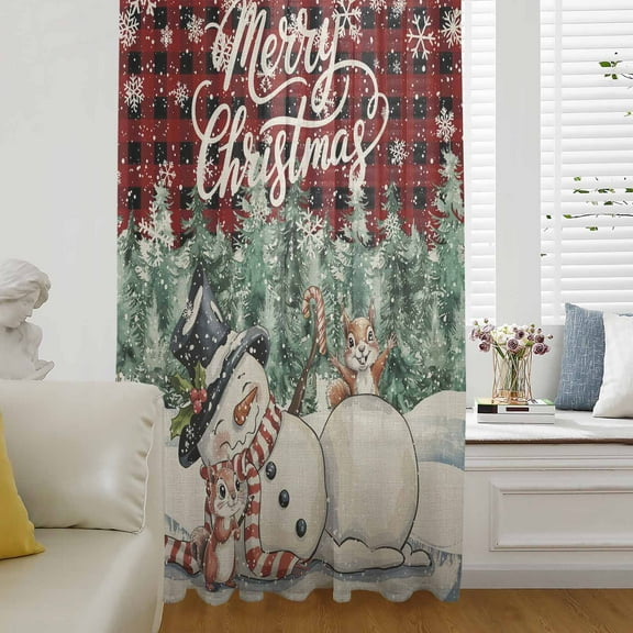 Red Plaid Snowman Christmas Semi Sheer Curtains Drapes for Living Room,Bedroom,French Doors Window 45 Inches Long,Xmas Tree Rustic Snowflake Rod Pocket Chiffon Curtain Drapery Voile Draperies Panel