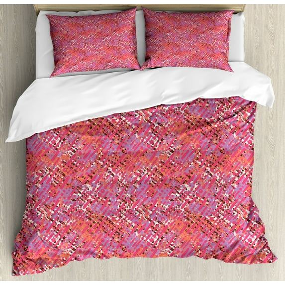 Paint Duvet Cover Set Queen Size, Funky Overlapping Diagonal Lines Paintbrush Hits and Strokes, Decorative 3 Piece Bedding Set with 2 Pillow Shams, Fuchsia Magenta Burnt Orange Mauve, by Ambesonne