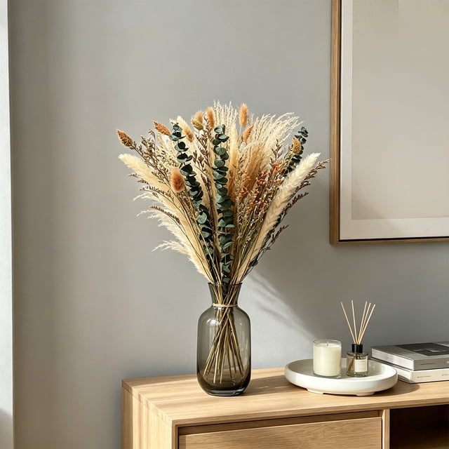 Decoración de pasto pampa falso con colas de conejo, 38-43 cm, beige, tallos de seda y metal, centro de mesa boho para bodas y hogar, paquete de 1