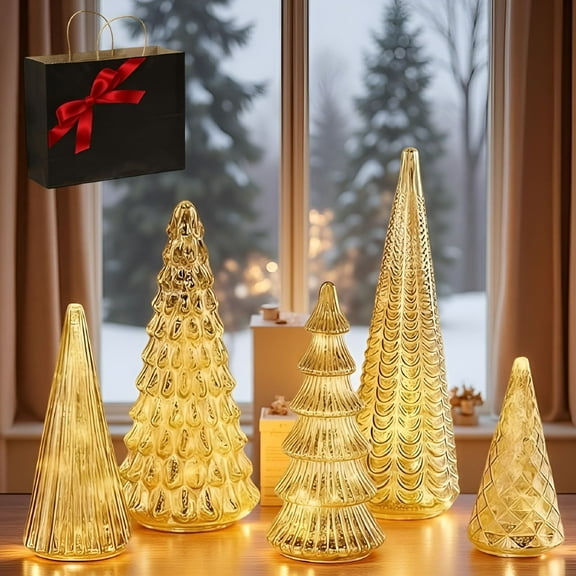 ACDANC Set of 5 Creative Illuminated Mercury Glass Trees with Light DIY Decoration Led Christmas Trees Versatile Desktop Ornament Christmas Trees