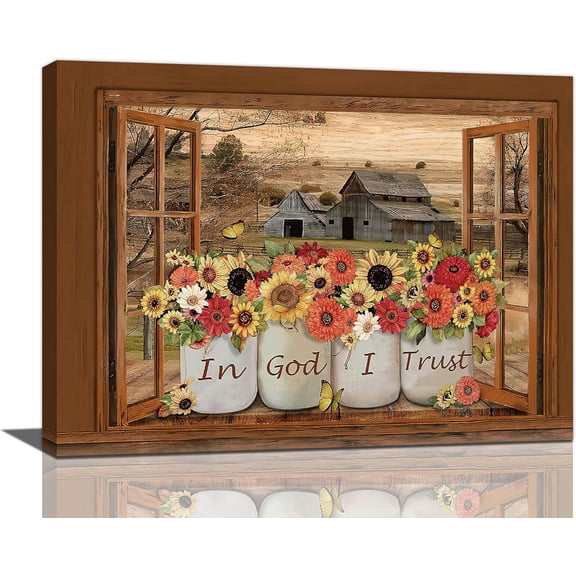 Farmhouse Sunflower Wall Art Window Rustic Christian Butterfly Bible Verse Pictures Wall Decor Scripture Quotes Canvas Painting Print Artwork Framed for Living Room Bedroom Bathroom 16"×12"