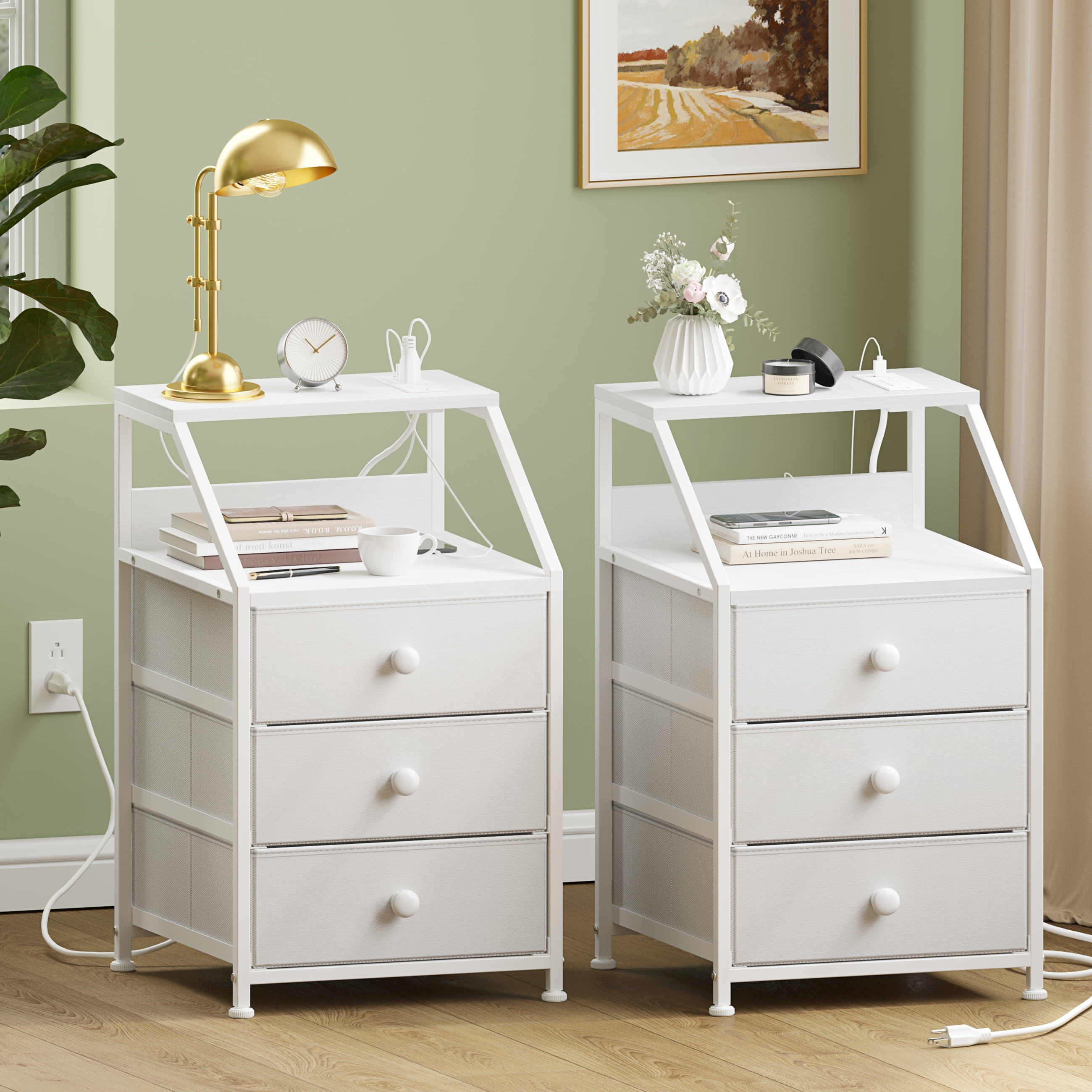 GUNAITO Nightstand Set of 2 with Charging Station Side Table with 3 Drawers End Table with Open Shelf Bedside Table with USB Ports and Outlets Nightstand for Bedroom,White