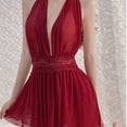 thumbnail image 2 of Camisón de encaje con cuello en V profundo para mujer, malla transparente transparente, ropa de dormir sin espalda, lencería para dormir, color rojo vino, talla libre 88,2?143,3 lb, 2 of 8