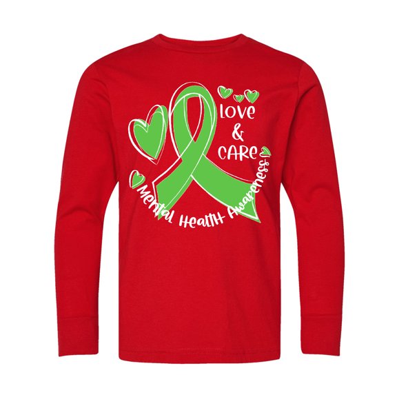 Inktastic Love and Care Mental Health Awareness Green Ribbon Long Sleeve Youth T-Shirt