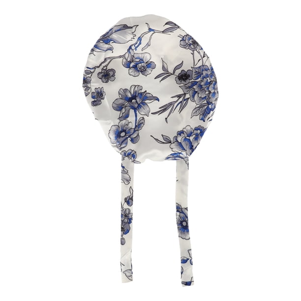 Bonete de cabello floral de seda sintética Unique Bargains con correas ajustables, gorro de sueño nocturno para mujeres, azul y blanco