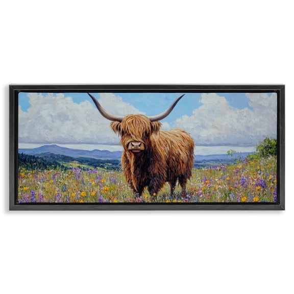 Stupell Industries Wildflower And Highland Black Framed Floater Canvas Wall Art design by Petal Prints Design, 11 x 25