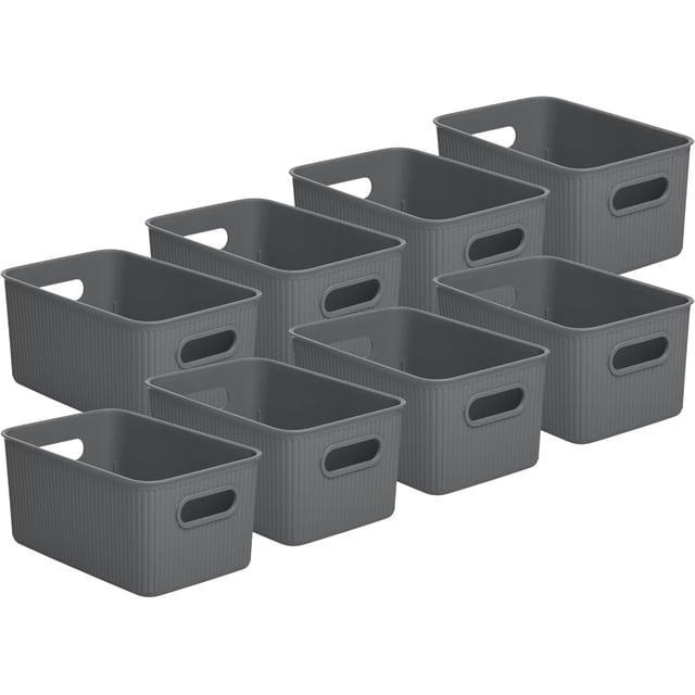Superio Decorative Plastic Open Home Storage Bins Organizer Baskets, Medium, Grey (8 Pack) Container Boxes for Organizing Closet Shelves Drawer Shelf, 5 Liter