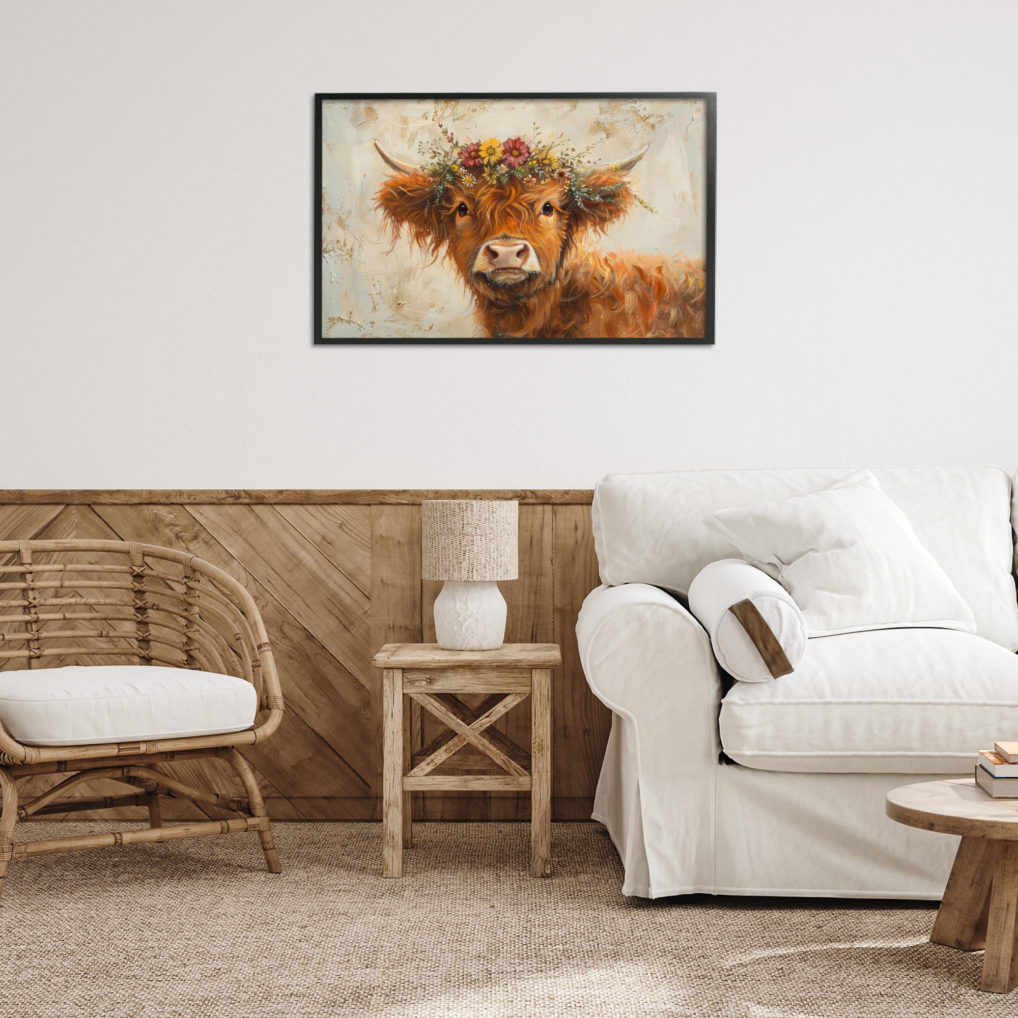 Stupell Industries Floral Crown Highland Animals & Insects Painting Black Framed Art Print Wall Art, 30 x 20