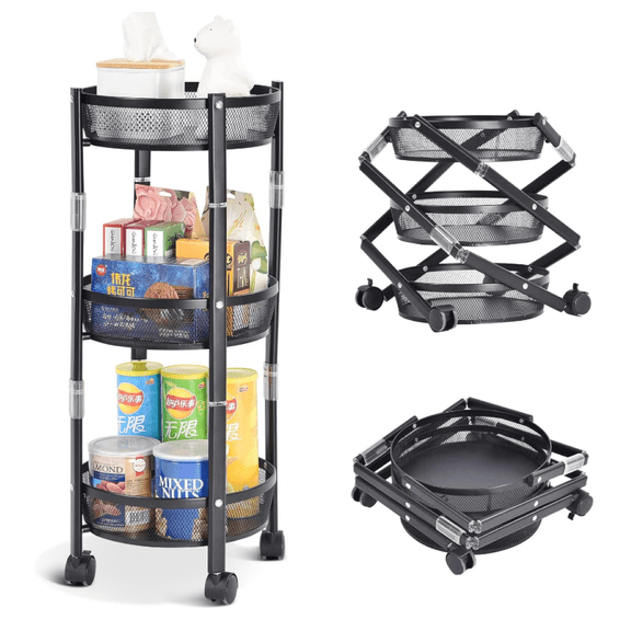 Simpli Furnished LLC 3 Tier Round Metal Foldable Rolling Cart, Black