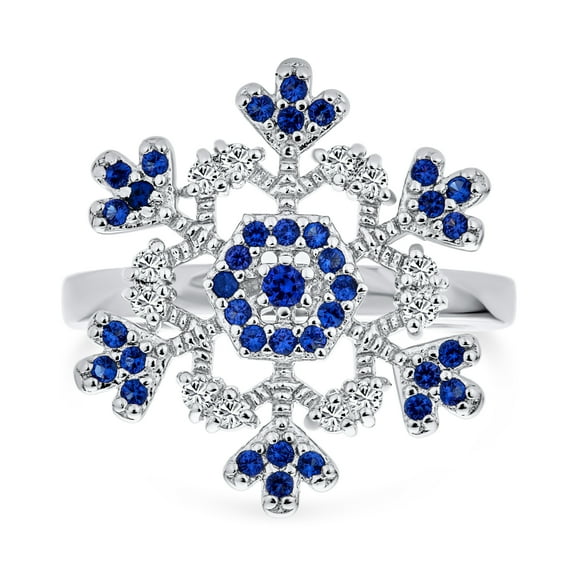Bling Jewelry Womens Winter Holiday Silver Ring with Blue & Clear Cubic Zirconia Snowflake Design