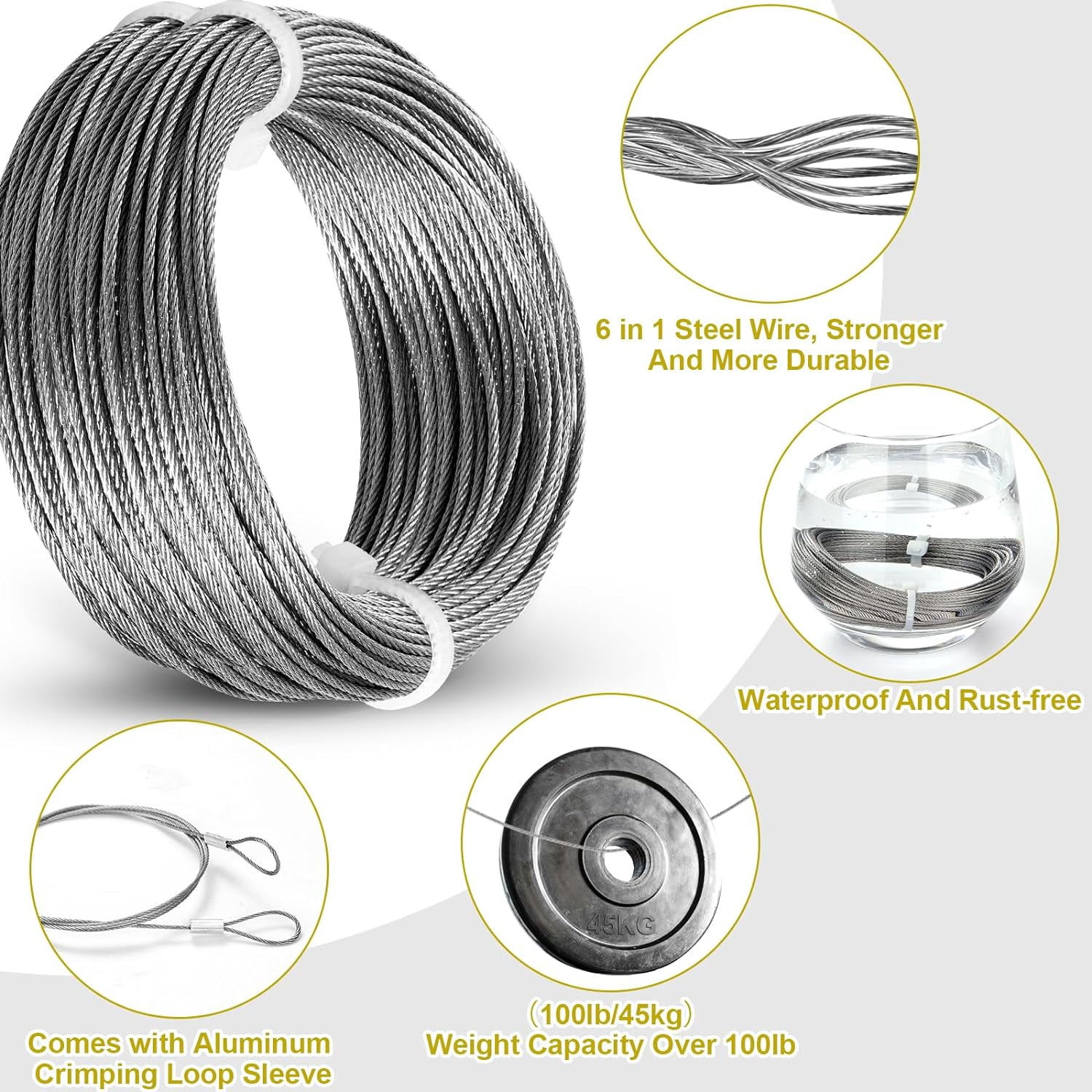 JJEAN-88Pcs Heavy Duty Picture Hanging Wire Kit, Include 50Ft Stainless Steel Wire Picture Hanging for Photo Mirror Frame, up to 110lbs, D Ring, Picture Hangers, Screws, Hanging Hooks, Nails, Level