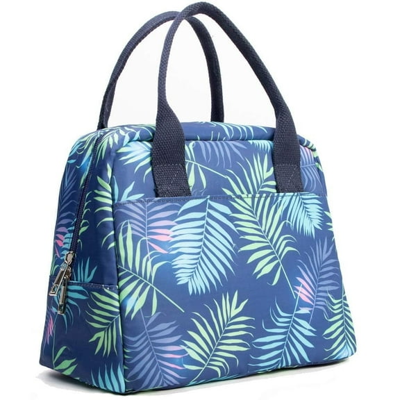 Lunch Bag Box, 7.5L Reusable Cooler Cute Insulated Lunch Tote Bag for Picnic, Blue Leaf Print