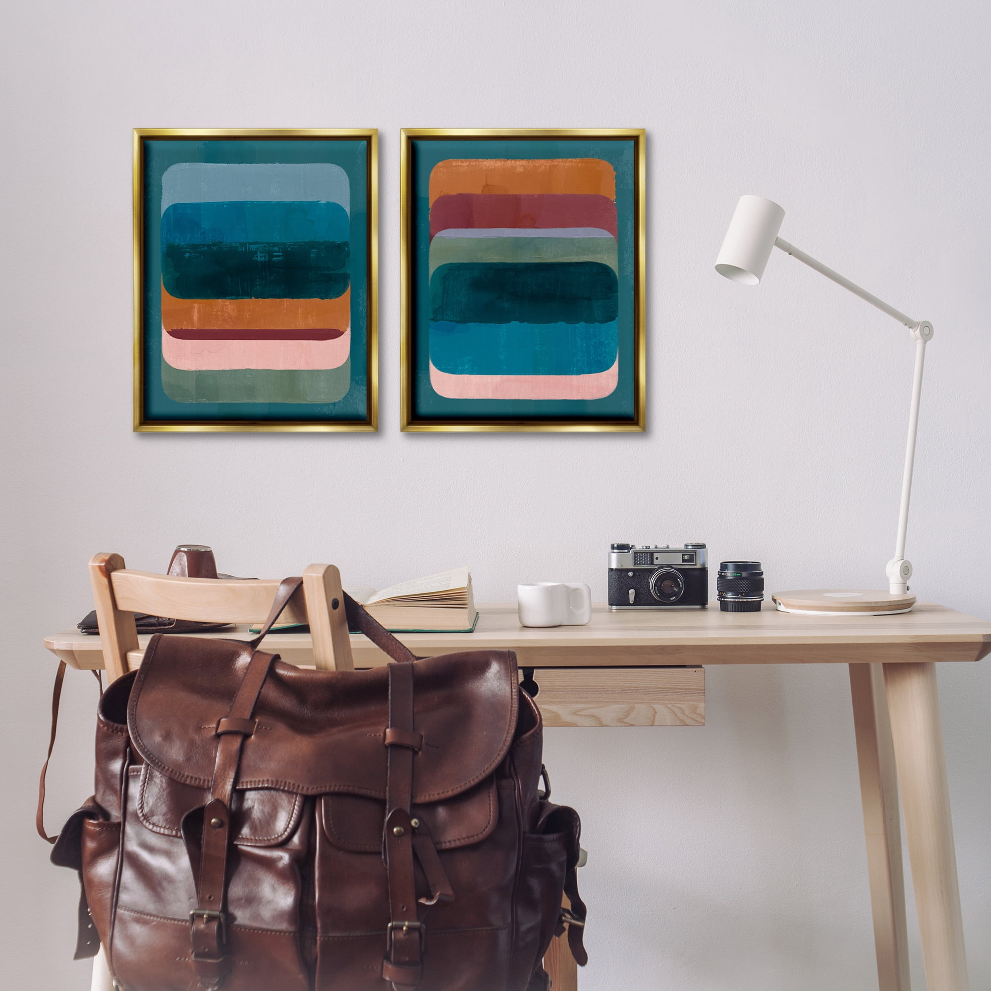 Stupell Industries Abstract Teal Stacked Colors Abstract Painting Gold Floater Framed Canvas Art Print Wall Art, 17 x 21, Set of 2