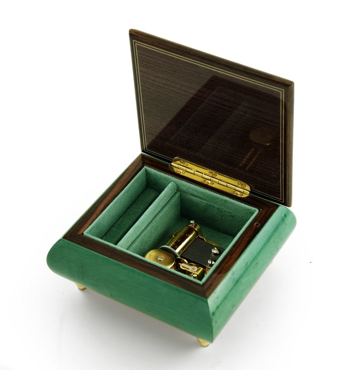 Vibrant Handcrafted Forest Green Floral Wood Inlay Musical Jewelry Box - Yesterday