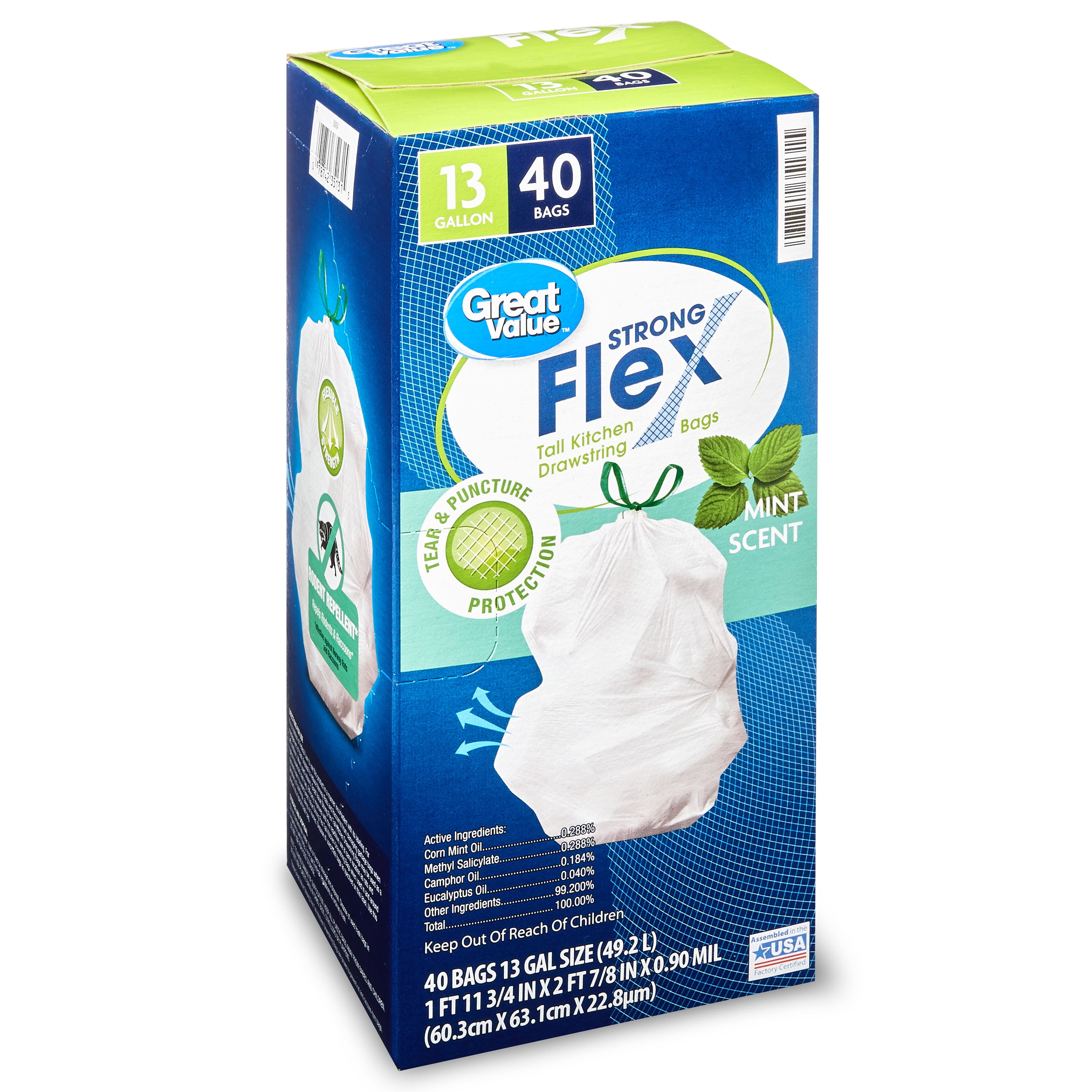 Great Value Tall Kitchen Trash Bags, 13 Gallon, 40 Bags (Mint Scent