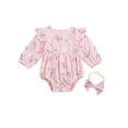 thumbnail image 1 of Qiylii Baby Floral Print Bodysuit, Ruffle Long Sleeve O neck Romper+Headband, 1 of 6